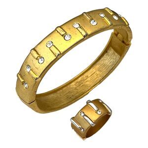 Vintage 1980s Bracelet Ring Set Matte Gold Tone Crystal Accents 2 Piece Set - 5J